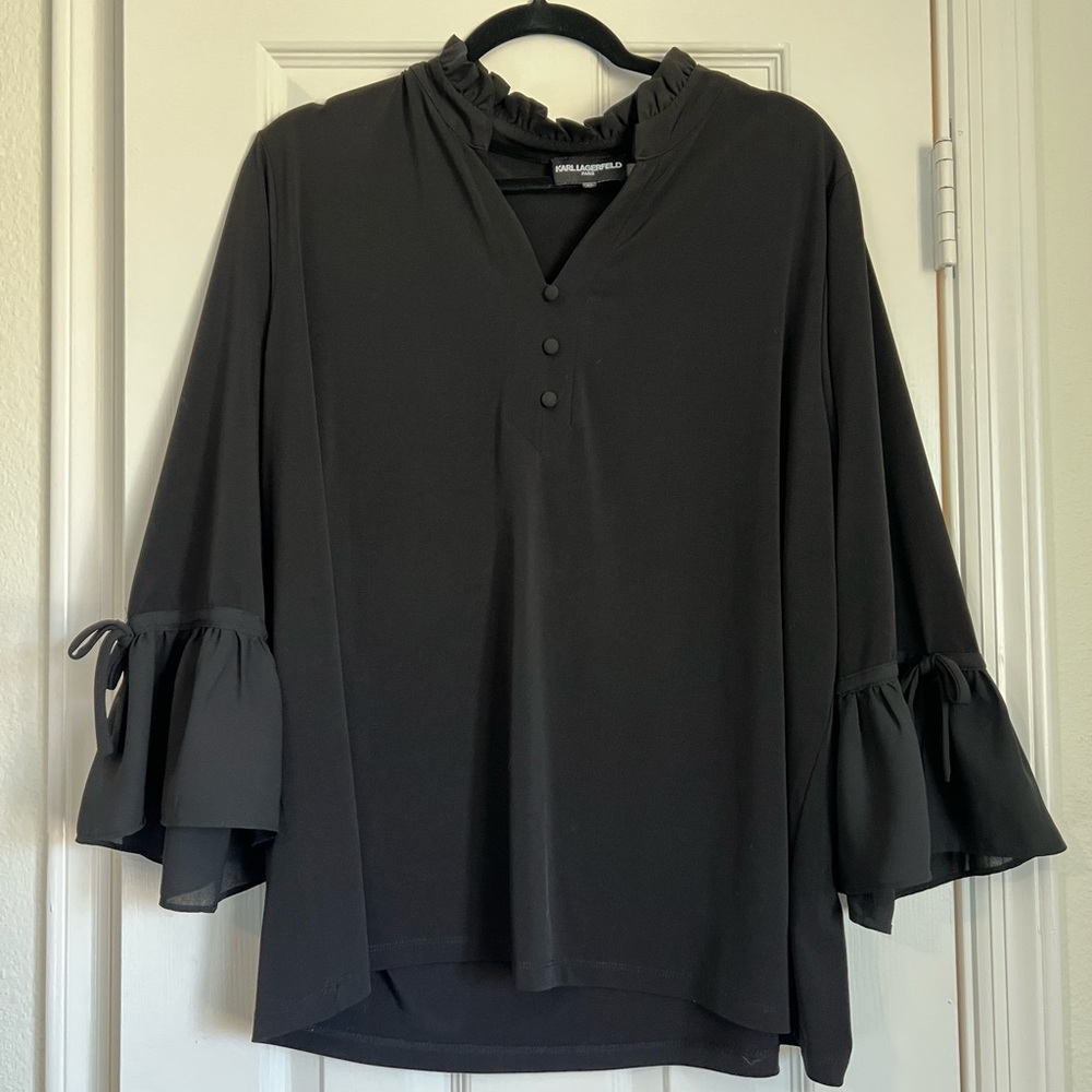 Karl Lagerfeld Irma Black Ruffle Long Sleeve Henley Blouse Size 2X